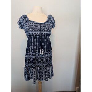 Almost Famous Navy & White Boho Print Short-Sleeve Smocked Large Dress